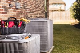 Service Industry: Work tools, air conditioners. Outside residential home. Summer